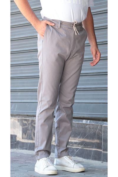 Osyday Men's Gray Summer Thin Fabric Slim Fit Trousers with Elastic Waist, Laces and Buttons, Zipper, Yancepli