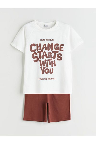 LC Waikiki Ecru Crew Neck Boys T-Shirt and Shorts