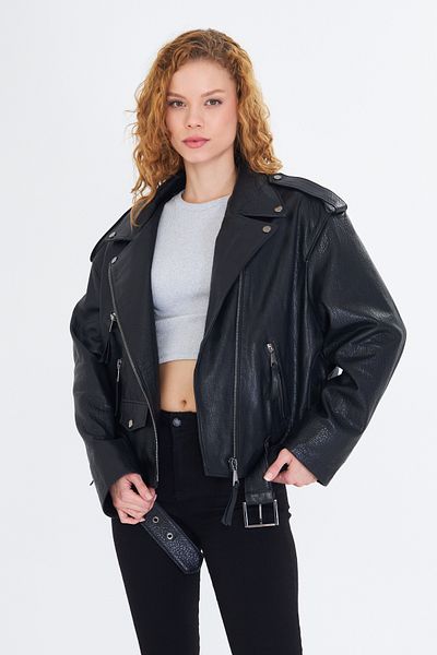 By Marki Marki Women's Genuine Jumbo Leather Jacket – Biker Style, Belted, Oversize, Epaulettes, 65 Cm, Black - 507322