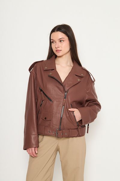 By Marki Marki Women's Genuine Jumbo Leather Jacket – Biker Style, Belted, Oversize, Epaulettes, 65 Cm, Brown - 116622X