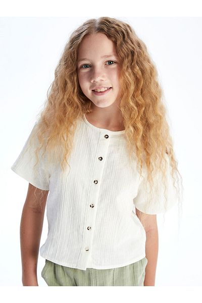 LC Waikiki Ecru Short Sleeve Muslin Girl's Shirt