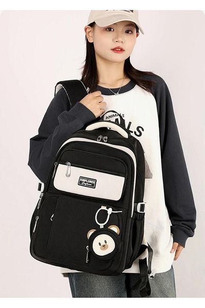 Adalinhome Rucsac de școală cu mai multe compartimente cu accesoriu drăguț de ursuleț