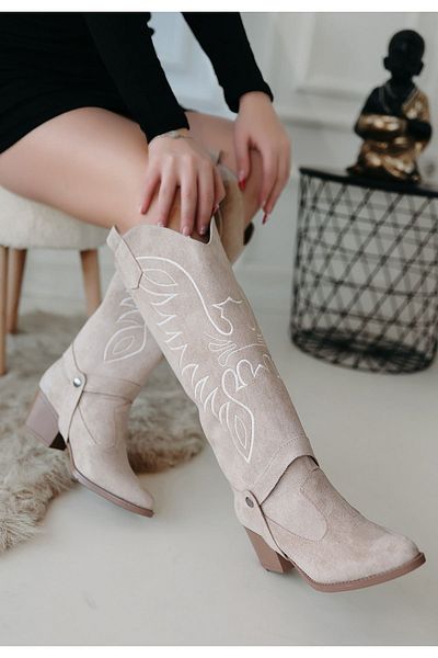 CONAHOME Jilla Beige Suede Removable Heeled Boots and Boots