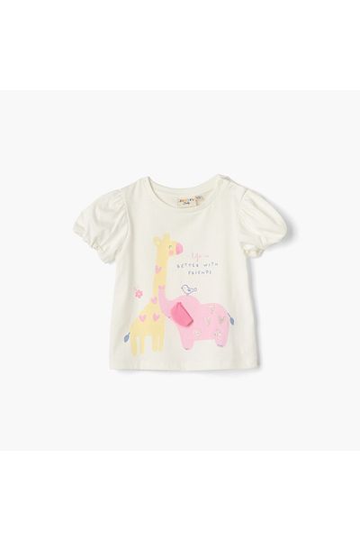 Juniors Graphic Print T-shirt with Puff Sleeves