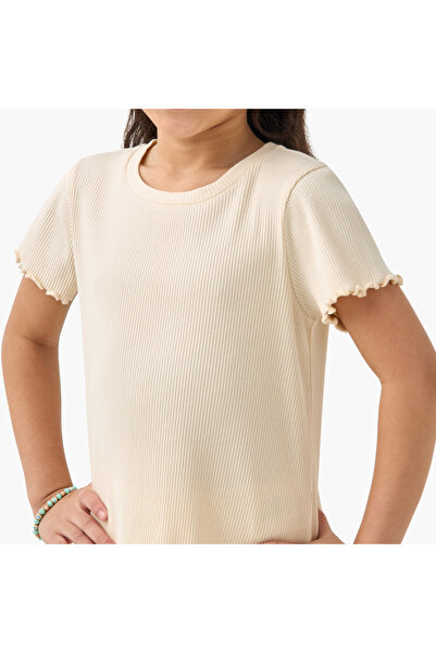 Juniors Ribbed Crew Neck T-shirt with Short Sleeves and Lettuce Hem