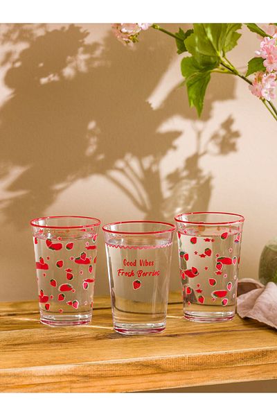 LC Waikiki Red Strawberry Printed Glass Cup Set of 3 290 ml