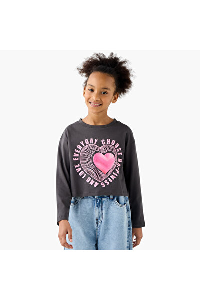 Juniors Heart Print T-shirt with Crew Neck and Long Sleeves