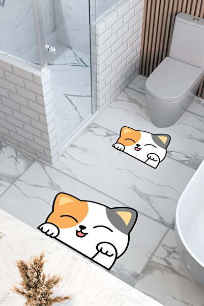 THEMODERNHANE Επιτραπέζιο χαλάκι μπάνιου με σχέδιο γάτας, αντιολισθητική βάση, πλένεται στο πλυντήριο, ψηφιακή εκτύπωση, σετ 2 τεμαχίων