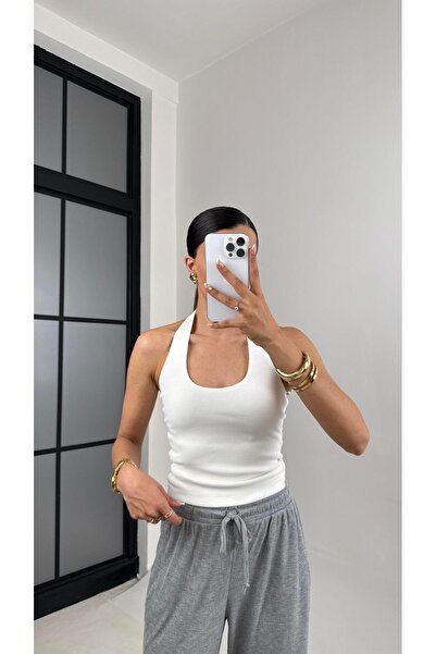 Gaus White Halter Neck Knitwear Crop Gaus00592