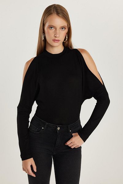 Tudors Bluză neagră slim fit pentru femei, cu gât înalt, cu detaliu de umăr