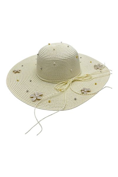 BaoBao Women's summer hat with wide brim, applied flowers and decorative pearls - romantic model