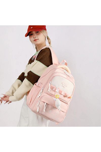 Adalinhome Korean Model Cute Bear Patterned School and Daily Backpack with Keychain