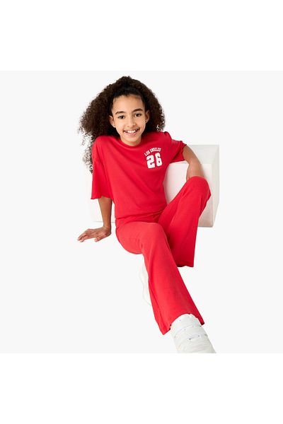 Juniors Varsity Print Crew Neck T-shirt with Lettuce Hem