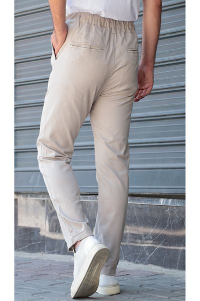 Osyday Men's Cream Color Summer Thin Fabric Slim Fit Trousers with Elastic Waist, Laces and Buttons, Zipper
