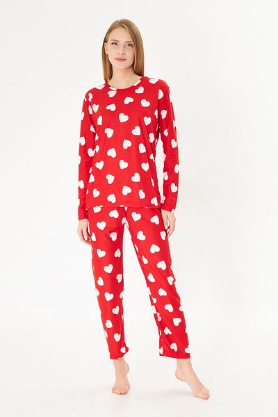 Pajama Shop Women's Cotton Suede Red Heart Pattern Long Sleeve Crew Neck Winter Pajamas Set