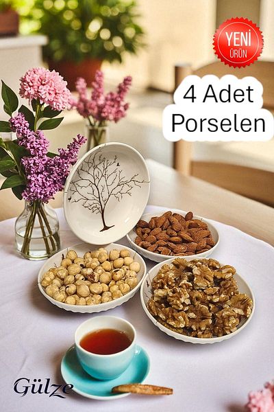 GÜLZE HOME 4 Pieces Tree of Life Motifed Porcelain Snack Bowl-Present Bowl-Turkish Delight Bowl-Breakfast Bowl-Treats (13 cm Diameter)