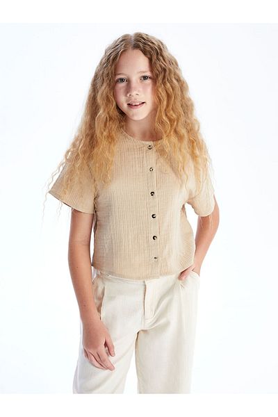 LC Waikiki Beige Short Sleeve Muslin Girl's Shirt