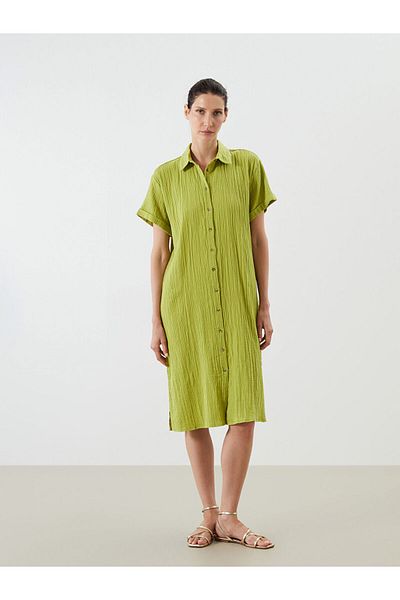 LC Waikiki Green Textured Oversize Muslin Shirt Dress