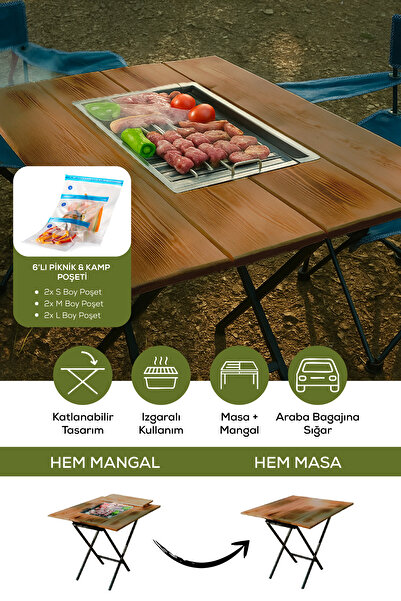 Vienev Katlanabilir Kamp Masası Ahşap Mangal Izgarası | 6'lı Kamp & Piknik Poşeti Seti