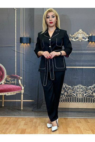Yeşilmoda Suit, Lined, Jacket and Pants, Pocket, Belt, Satin Atlas, Pearl Button, Black, High Quality, Fashionable Evening