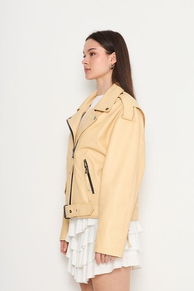 By Marki Marki Women's Genuine Jumbo Leather Jacket – Biker Style, Belted, Oversize, Epaulettes, 65 Cm, Beige - 116622X