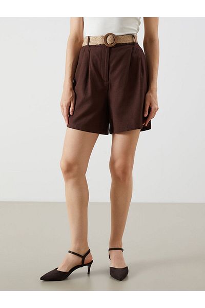 LC Waikiki Brown Waist Belted Linen Blend Women's Shorts