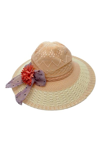 BaoBao Women's summer hat with small brim, decorative bow and textile flower – elegant style, 100% polyester