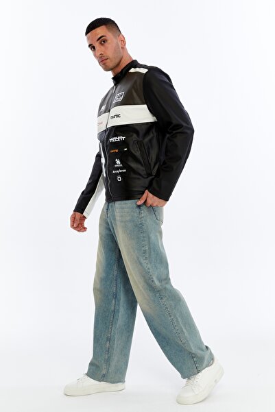 CHOS7N Ανδρικό δερμάτινο μπουφάν με ριγέ στάμπα Oversize Δεσμός γιακάς Bomber Biker Coat Racer Jacket