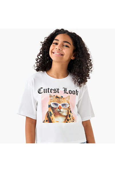 Juniors Graphic Print Crew Neck T-shirt with Short Sleeves