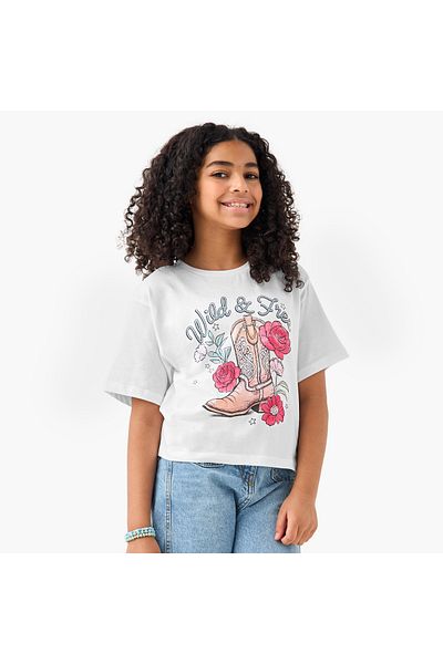 Juniors Graphic Print Crew Neck T-shirt with Short Sleeves