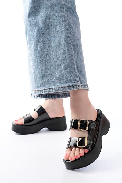 Moda Asmira 24414-574 Black Patent Leather Daily Buckle Wedge Heel Women's Slippers