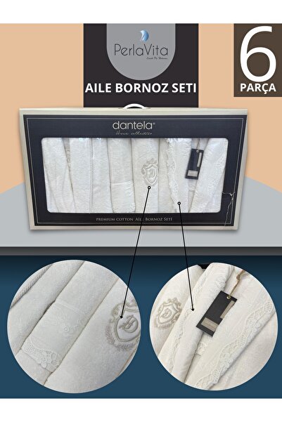 Dantela Cındy 6'Lı Brode Güpürlü Pamuk Bornoz Seti - Krem/Krem