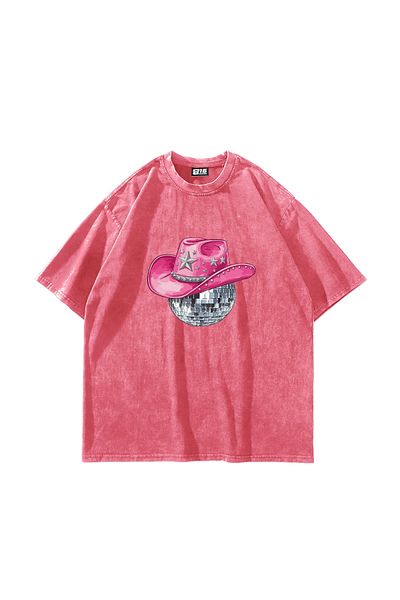 Sekizbiraltı Ροζ μπλουζάκι με στάμπα Cow Girl Oversize Unisex που πλένεται