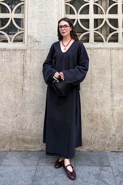 Ceylan Otantik Black Organic Linen Wrap Skirt & V-Neck Blouse Set