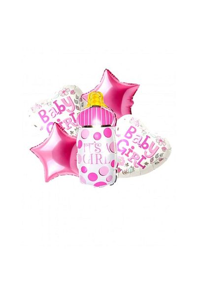 OEM Set of 5 GIRL foil balloons: 1 70 cm baby bottle figurine and 4 45 cm foil balloons