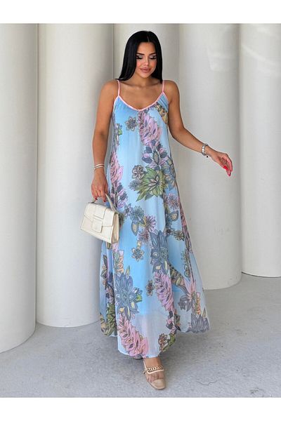 HARMONY GLOBAL Juls Floral Print Strap Chiffon Long Blue φόρεμα – V λαιμόκοψη, καλοκαιρινό και ανοιχτό σχέδιο 7426