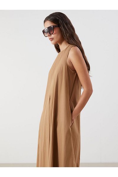 LC Waikiki Beige Crew Neck A-Line Poplin Dress