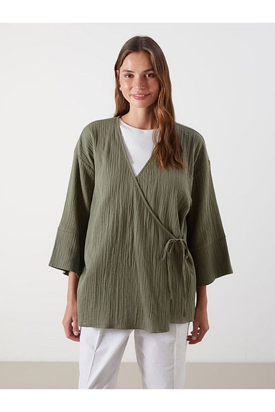 LC Waikiki Khaki Double Breasted Collar Textured Women's Kimono