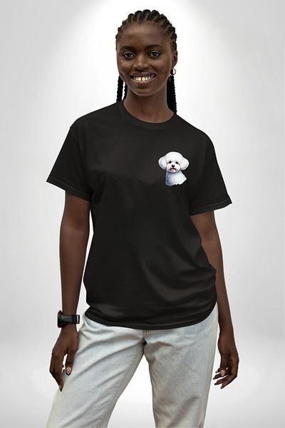 Angemiel Bichon Frise White Sweet Small Breed Dog Black Oversize Women Men Front Minimal Printed T-Shirt