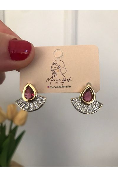 shop Steel Stone Gold Detail Fan Model Earrings