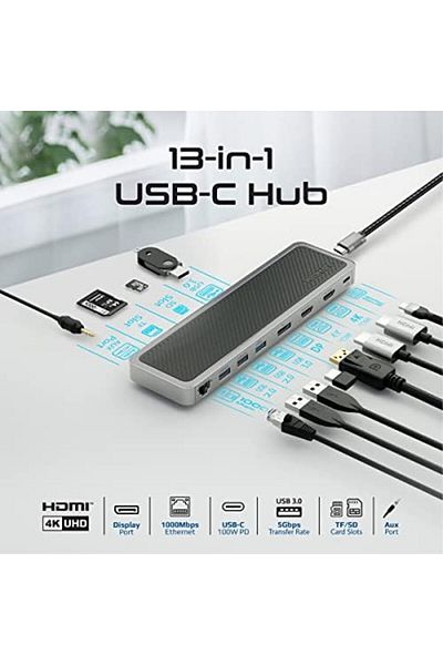 Promate موزع USB-C، موزع متعدد الشاشات 13 في 1 مع منفذ HDMI مزدوج بدقة 4K، ومنفذ DisplayPort بدقة 4K، وشبكة LAN بسرعة 1000 ميجابت في الثانية، وقوة 100 وات