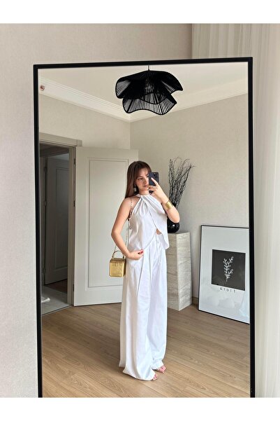 BAŞARAN Halter Neck Double Breasted Blouse and Pantalon Suit White