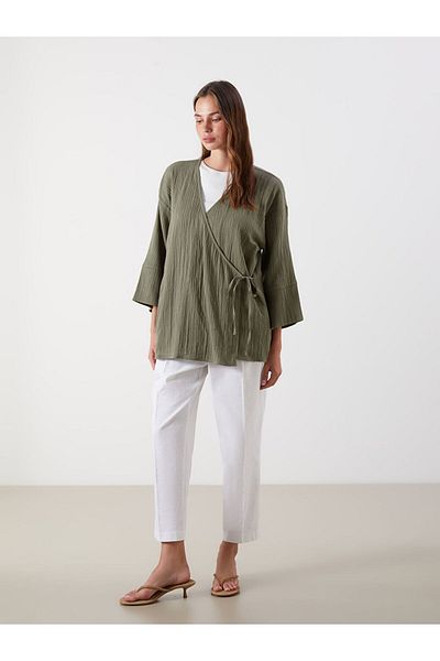 LC Waikiki Khaki Double Breasted Collar Textured Women's Kimono