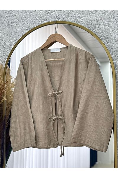MİHRA STORE Kimono scurt din țesătură căpșuni Mirona cu șireturi în față-MF210 Mink