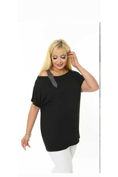 BİrHoşButik Plus Size Full Lycra Imported Viscosa Fabric One Shoulder Bat Sleeve Sweat-Proof Trend Summer T-Shirt