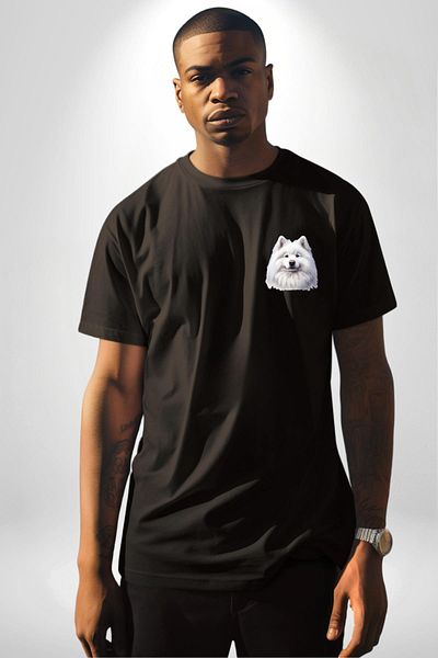 Angemiel White Samoyed Dog Black Oversize Women's Men's Front Minimal Printed T-Shirt