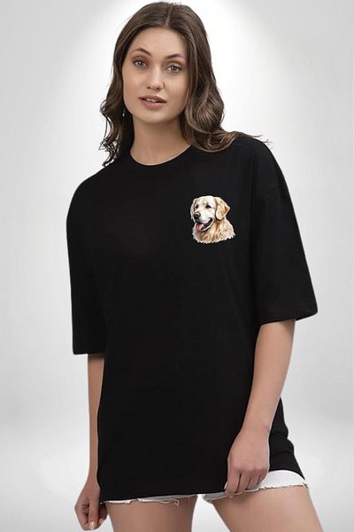 Angemiel Cute Golden Retriever Dog Friendly Black Oversize Women's Men's Front Minimal Printed T-Shirt