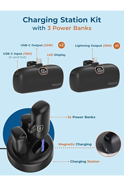 Generic PEGANT Power Bank 5000mAh, 3 Compact Powerbanks with Charging Station, USB C Fast Charging Travel Ch