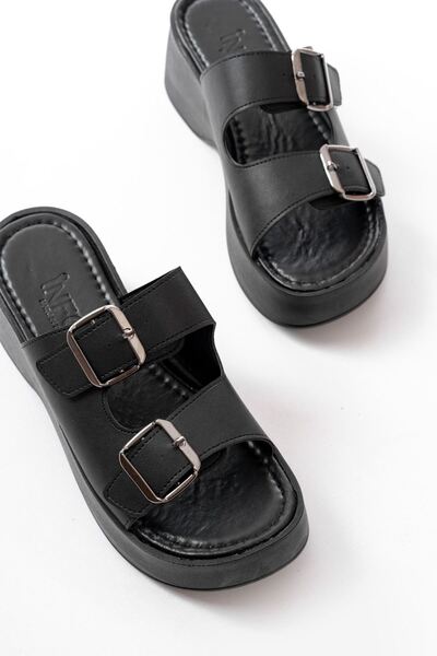 serkanseyyid 24414-574 Γυναικείες παντόφλες με μαύρη καθημερινή αγκράφα με σφήνα τακούνι