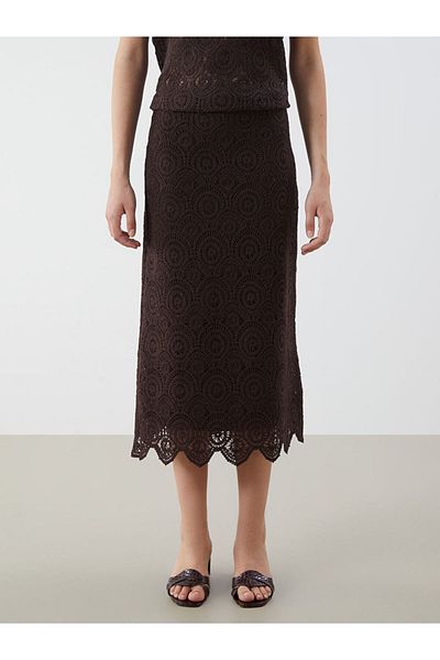 LC Waikiki Brown Openwork Crochet Skirt with Elastic Waist